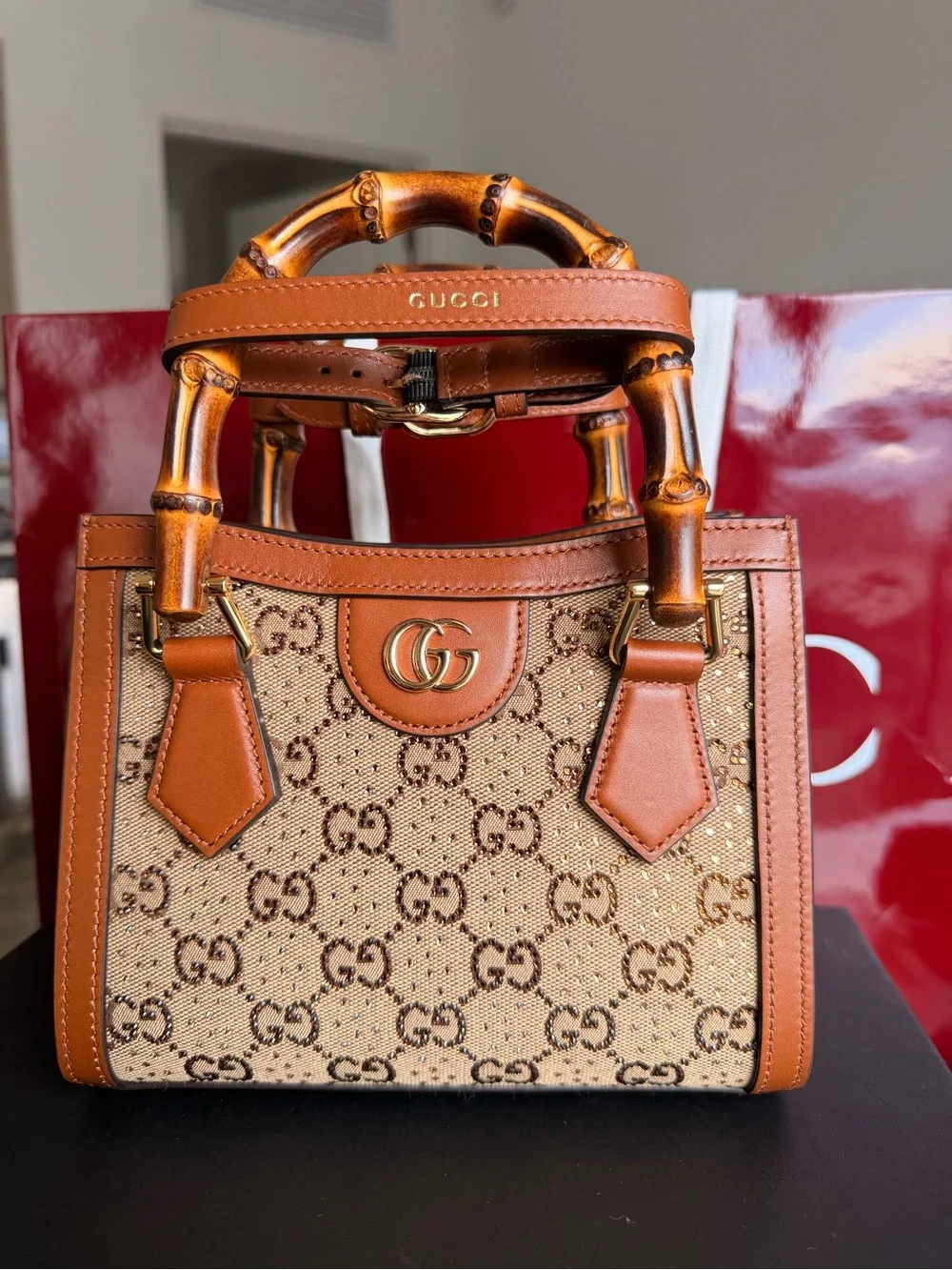Gucci Tan & Beige GG Bamboo Handle Satchel